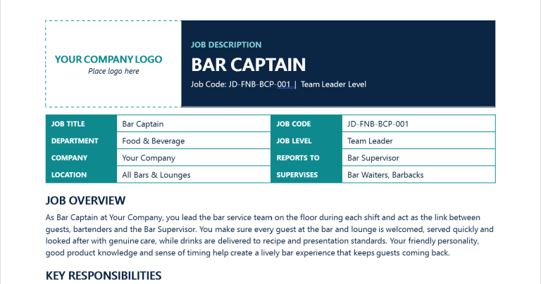 Bar Captain Job Description Template