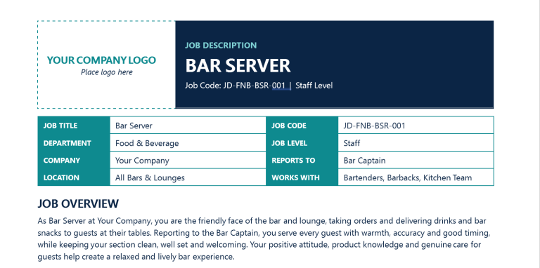 Bar Server Job Description Template