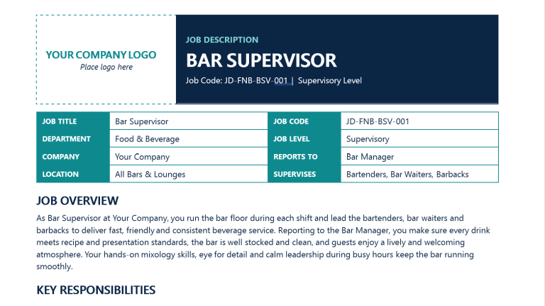 Bar Supervisor Job Description Template