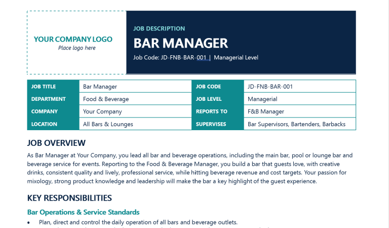 Bar Manager Job Description Template