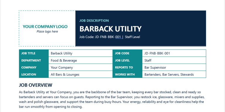 Barback Utility Job Description Template