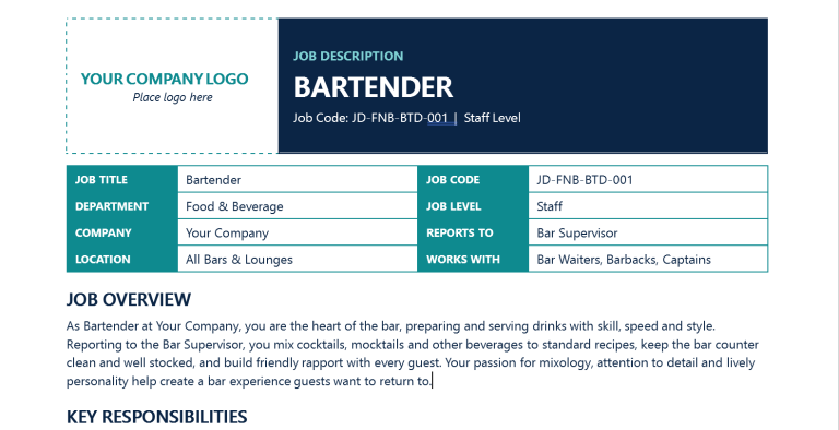 Bartender Job Description Template