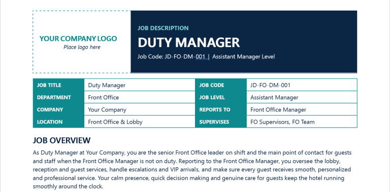 Duty Manager Job Description Template