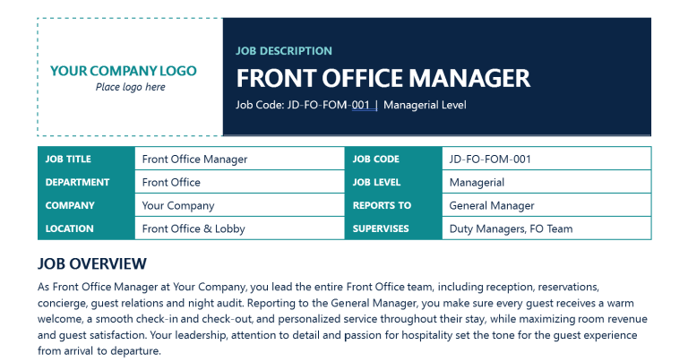 Front Office Manager Job Description Template