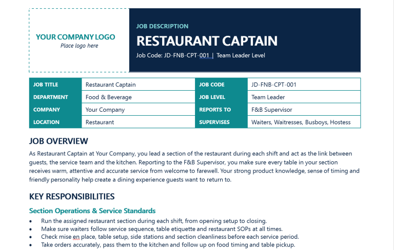 Restaurant Captain Job Description Template