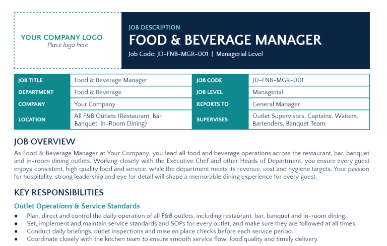 Food and Beverage Manager Job Description Template