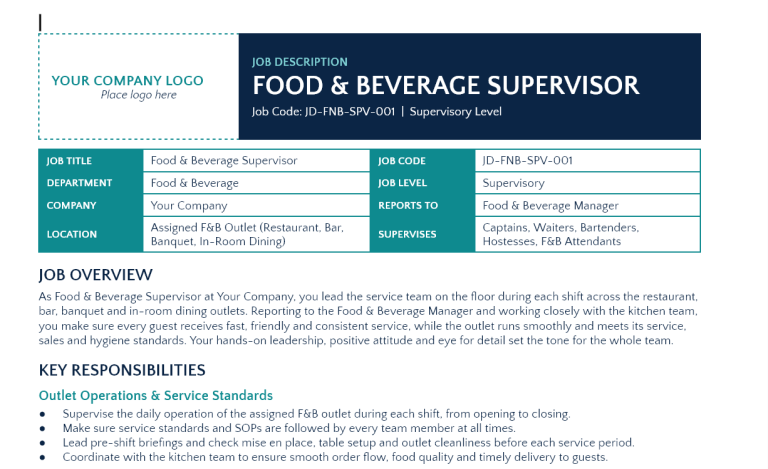 Food and Beverage Supervisor Job Description Template