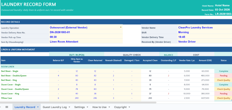 Laundry Record Form and Guest Laundry Log