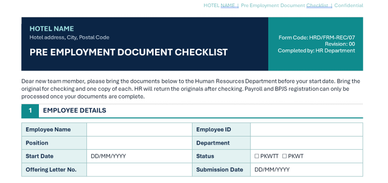 Pre Employment Document Checklist