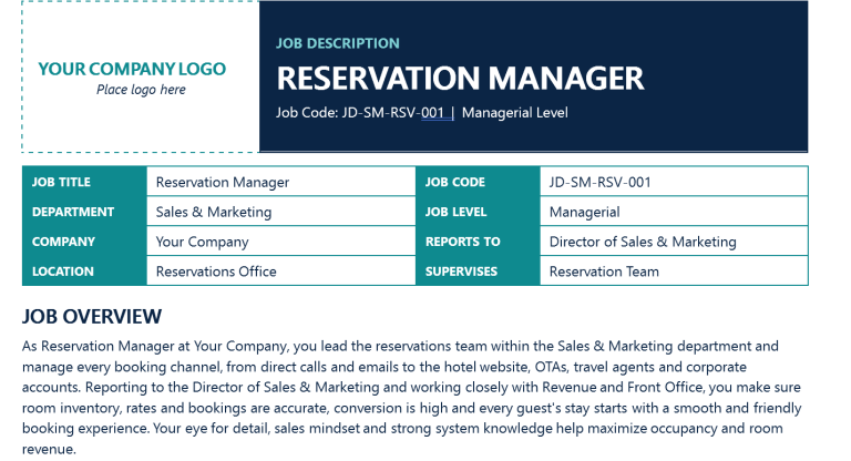 Reservation Manager Job Description Template