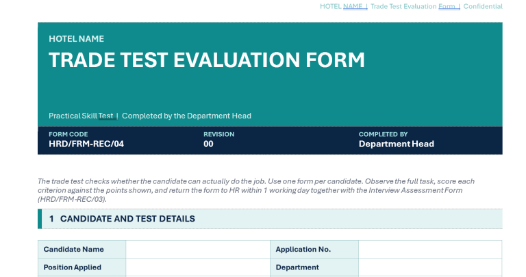 Trade Test Evaluation Form